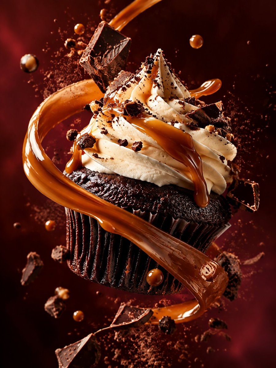 Source reference: a chocolate cupcake with pale frosting is surrounded by a sweeping caramel ribbon and chocolate pieces.
