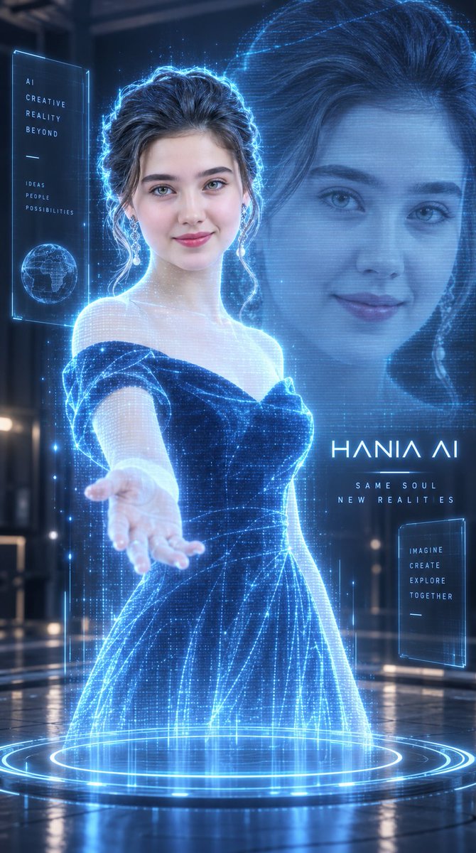 Source reference: a blue holographic woman stands above a glowing ring with a larger translucent face and interface panels behind her.
