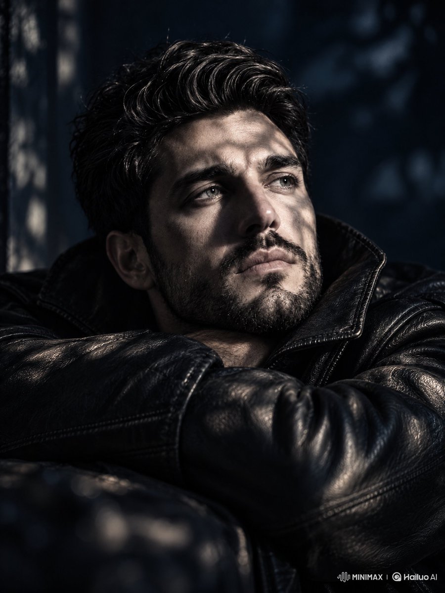Source reference: a dark-haired man in a black leather jacket looks upward in a moody close-up portrait.