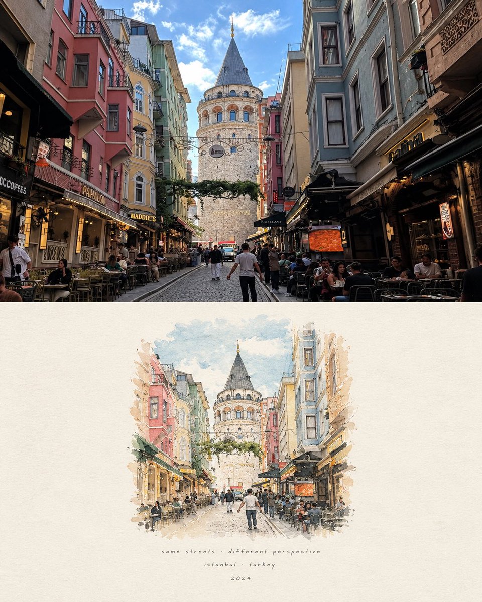 Source reference: a photograph of a narrow street leading to Galata Tower sits above a watercolor interpretation of the same view.