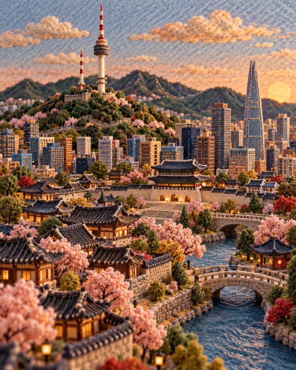 Source reference: a felt-and-wool miniature city combines traditional roofs, modern towers, a river, and flowering trees.