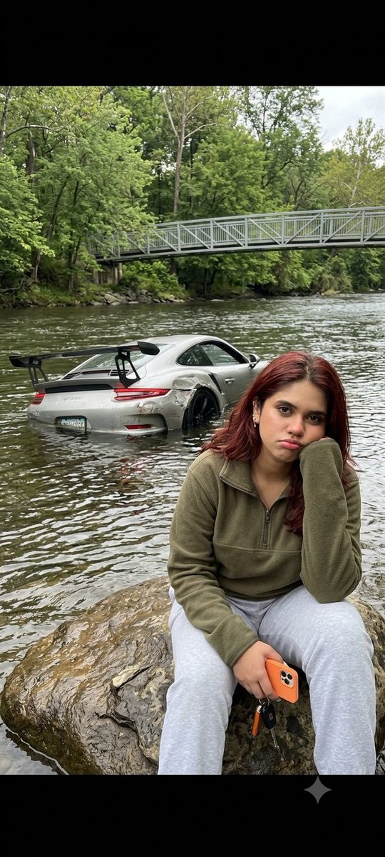 Social Media Post - Woman By Submerged Porsche - Image 1