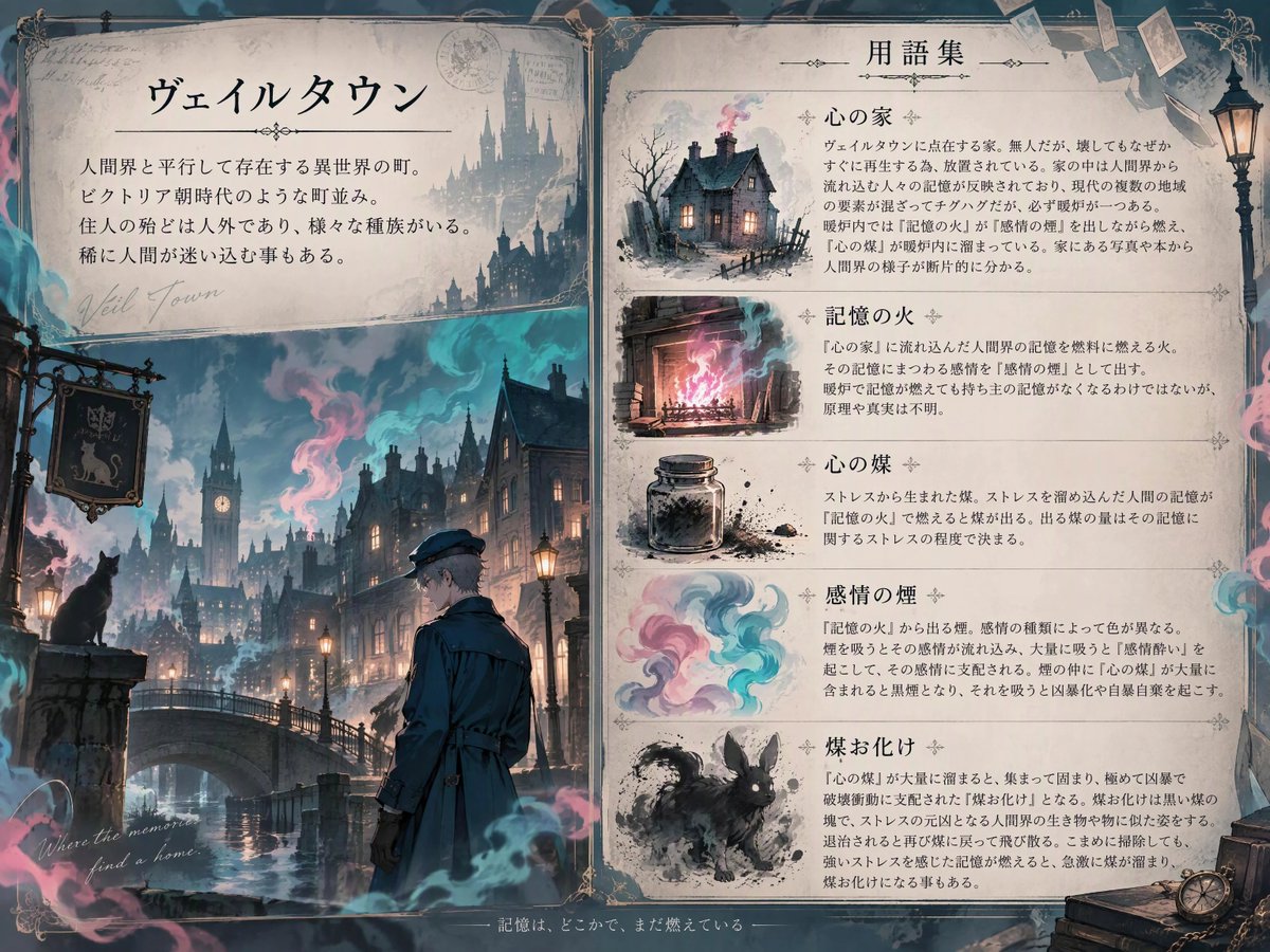 Source reference: a fantasy setting sheet pairs a misty illustrated town with Japanese text and several small location and object studies.