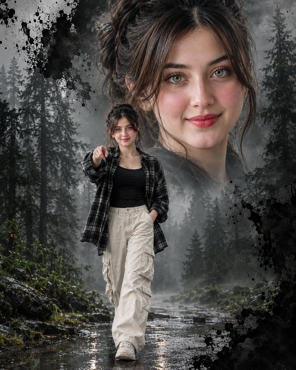 Source reference: a large portrait of a woman blends with a smaller full-body figure on a misty forest path.