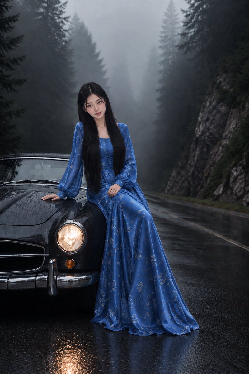 Social Media Post - Korean Girl on Vintage Car in Misty Mountains - Image 1