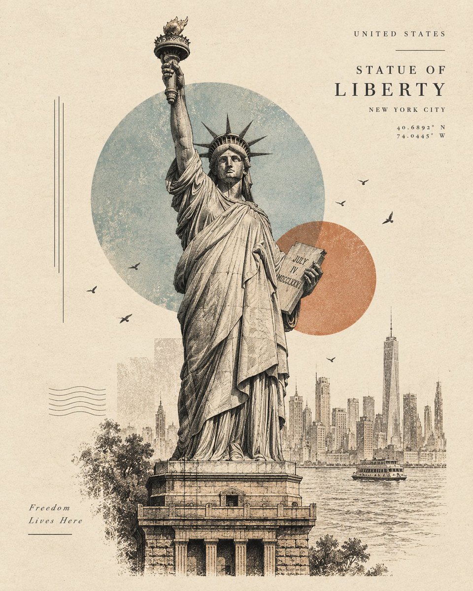 Source reference: a graphite-style Statue of Liberty poster uses muted geometric shapes and a lightly drawn New York skyline.