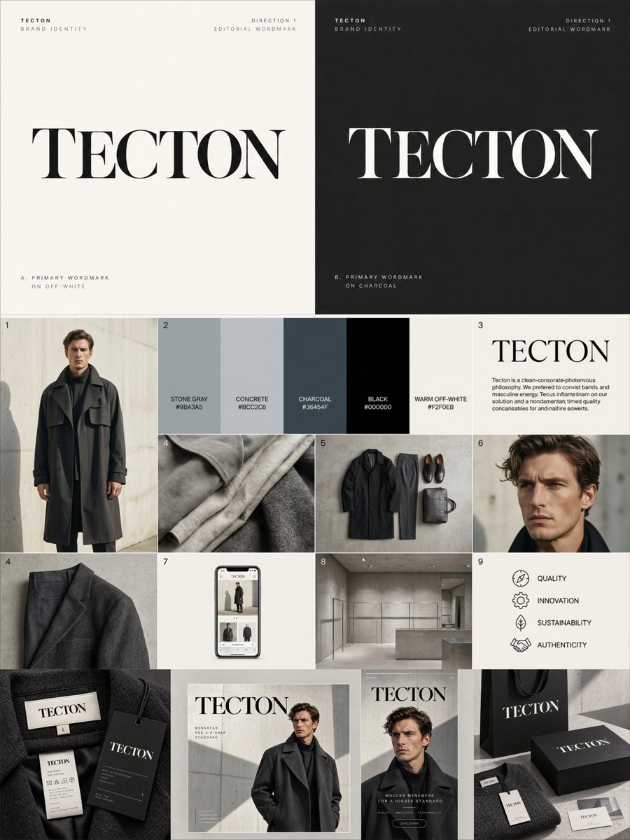 Source reference: a TECTON menswear brand board combines large wordmarks, neutral swatches, clothing photographs, and label mockups.