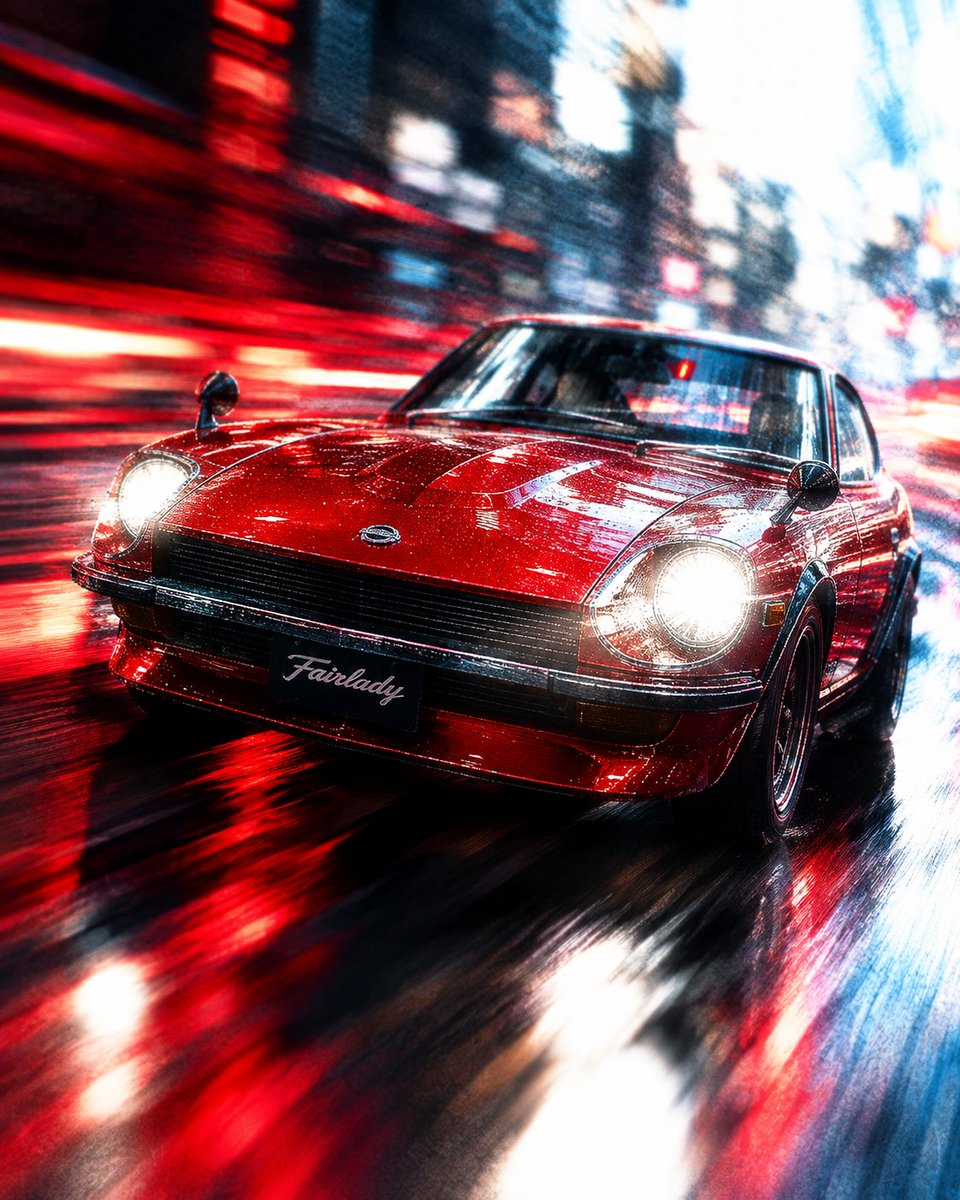 Классический красный Fairlady Z в неоновом дожде