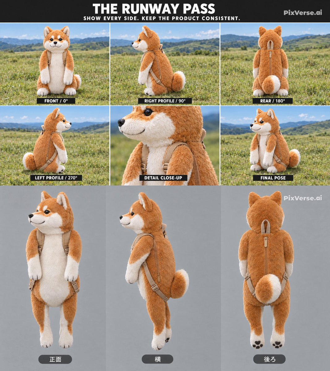 Source reference: a Shiba Inu plush backpack appears in outdoor views and studio product angles on a multi-panel sheet.