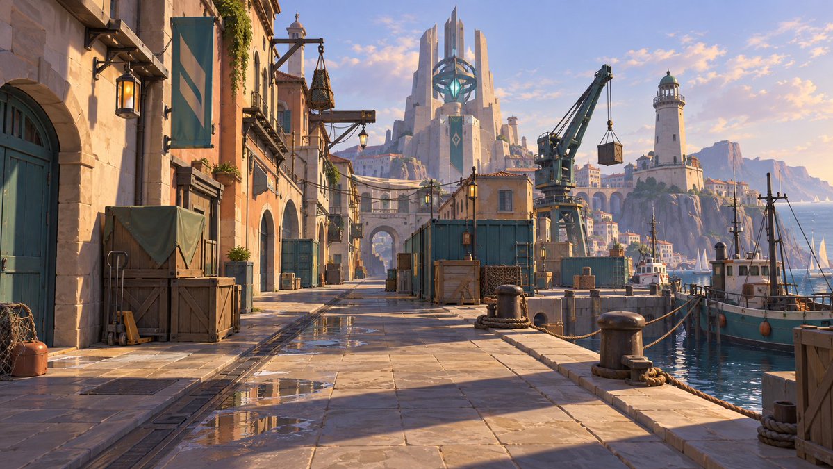 Source reference: a sunlit stone waterfront with cranes and towers leads toward a tall fantasy citadel in the distance.