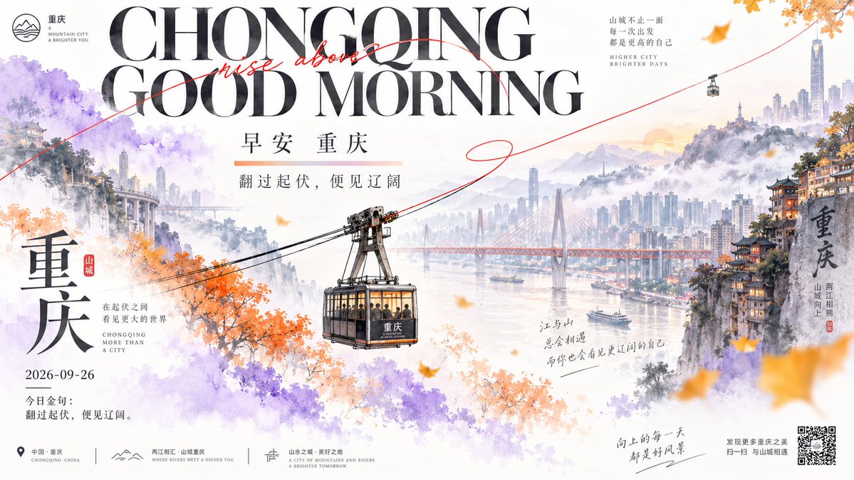 Source reference: a wide Chongqing travel poster features a cable car over a misty watercolor river city with bilingual headings.