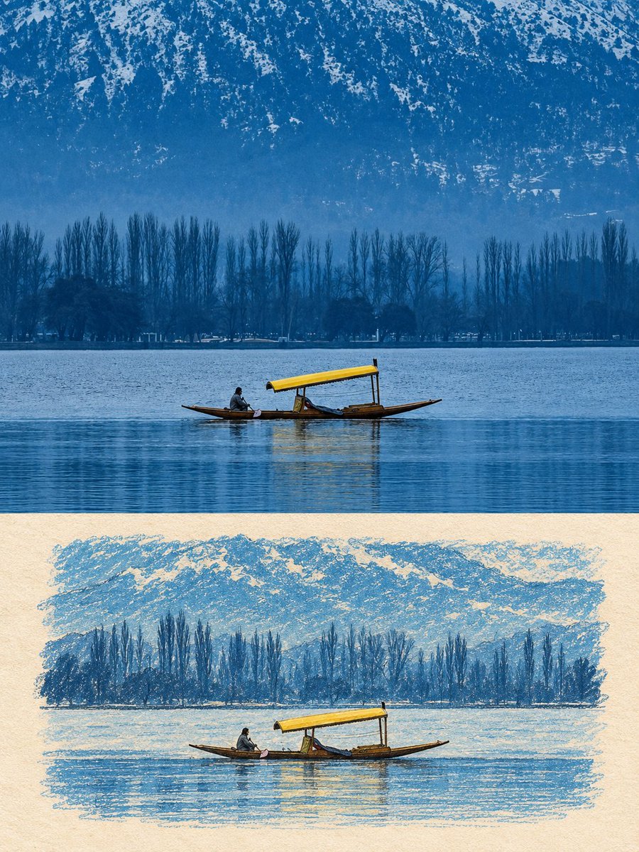 Source reference: a small yellow-canopy boat on a mountain lake appears in a photograph above a simplified blue pastel illustration.