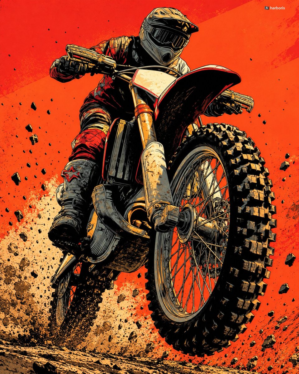 Source reference: a helmeted motocross rider performs a wheelie against a vivid orange background with flying dirt.