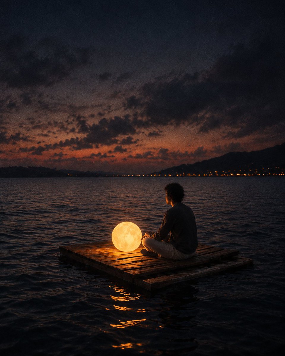 Source reference: a seated figure shares a wooden raft with a glowing spherical light on dark water at dusk.