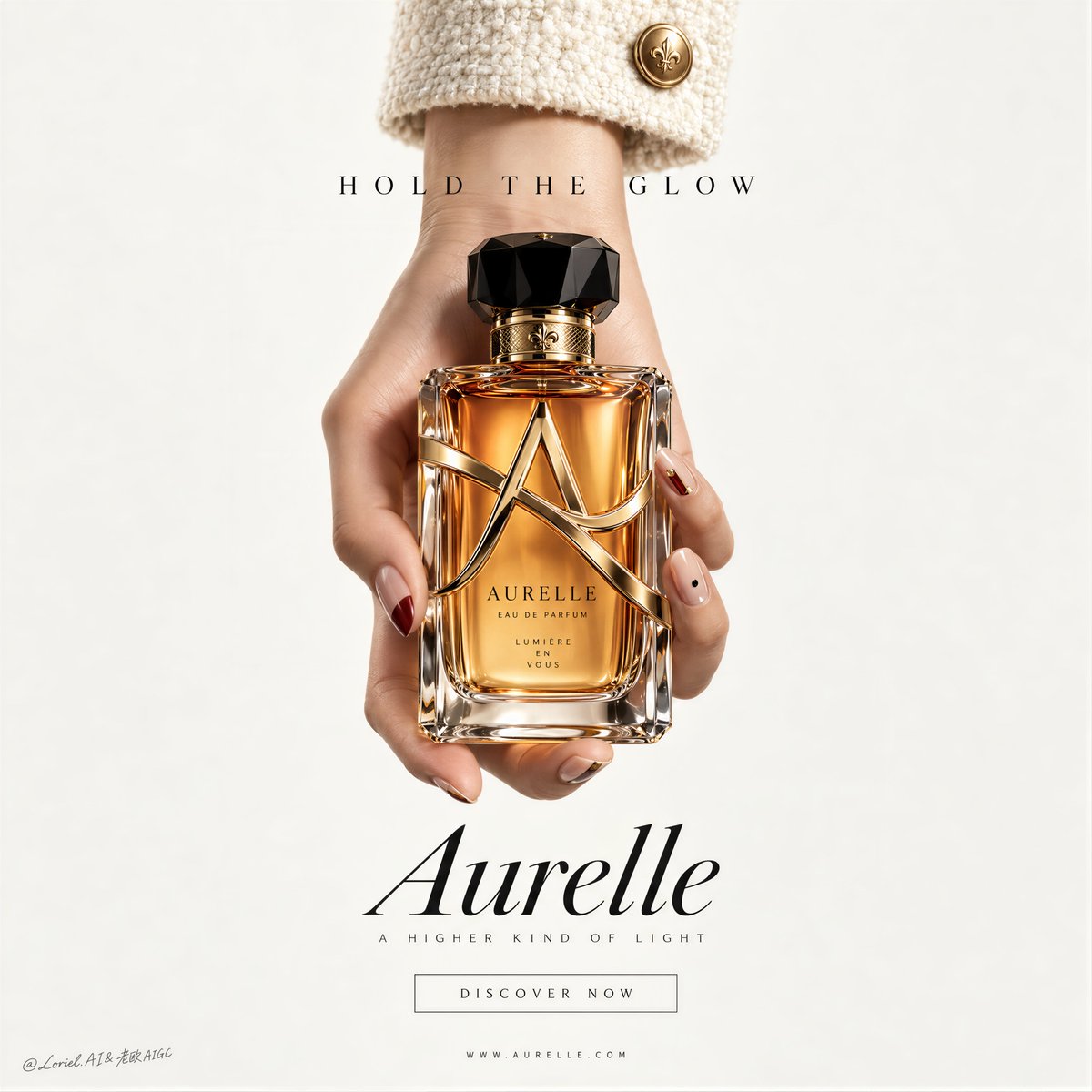 Source reference: a hand holds an amber Aurelle perfume bottle against a cream background with a fragrance headline.