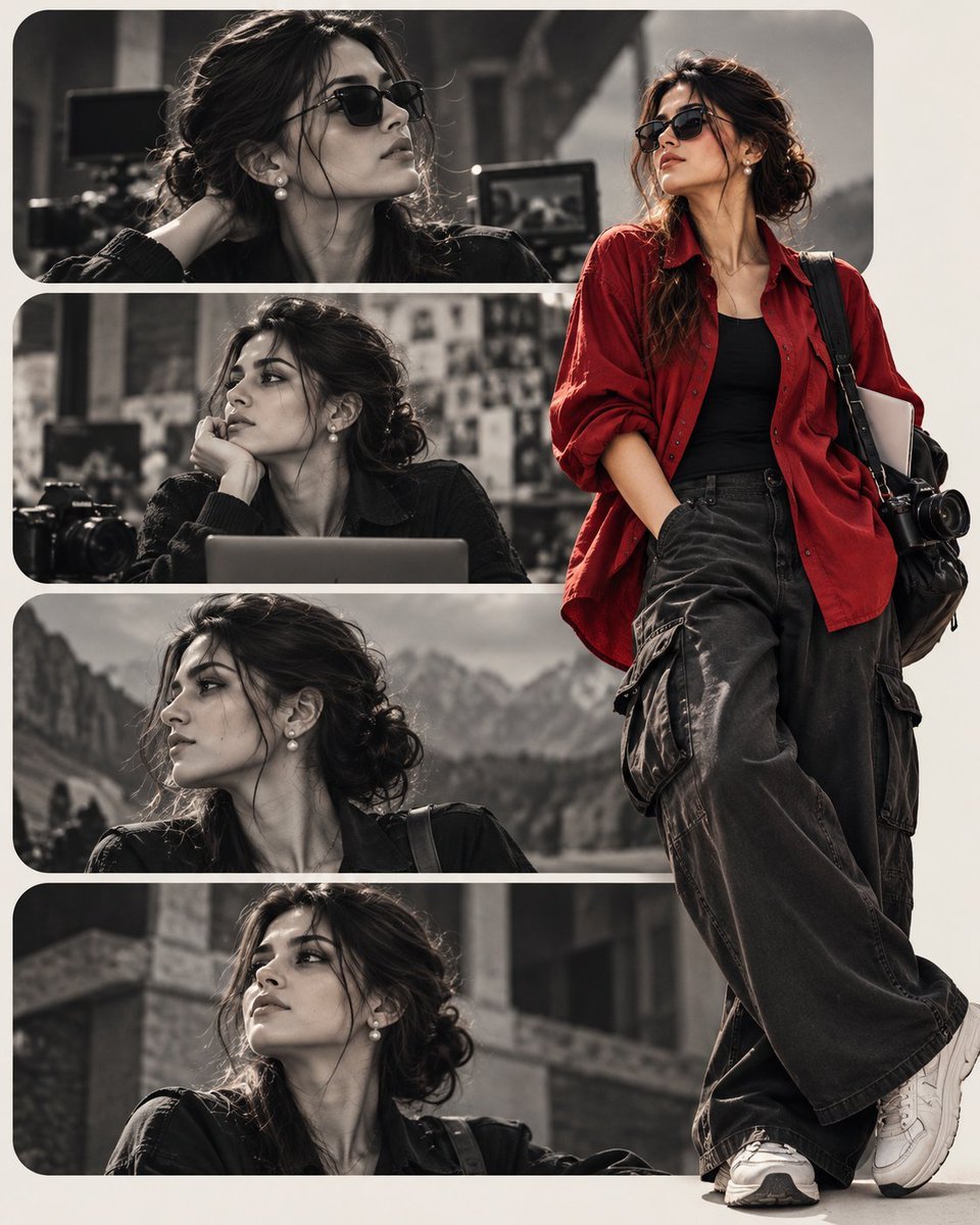 Source reference: a full-length woman in a red shirt and dark cargo pants stands beside four monochrome portrait strips.