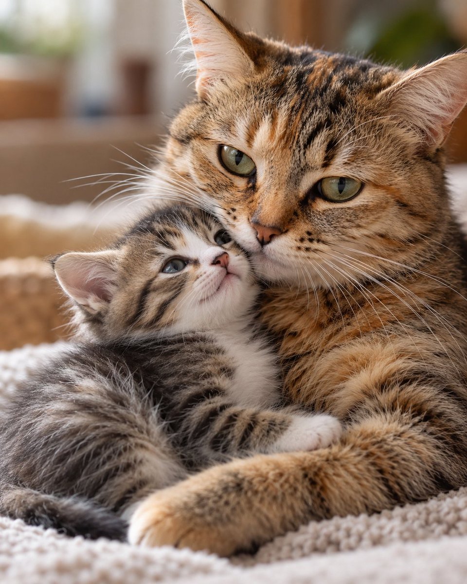 Кошка ласкает котёнка