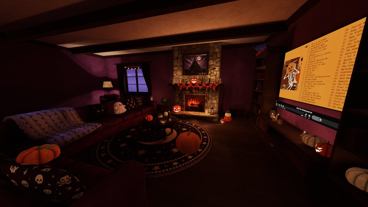 Publicación en redes sociales - Sala de estar acogedora con temática de Halloween en tonos morados - Image 1