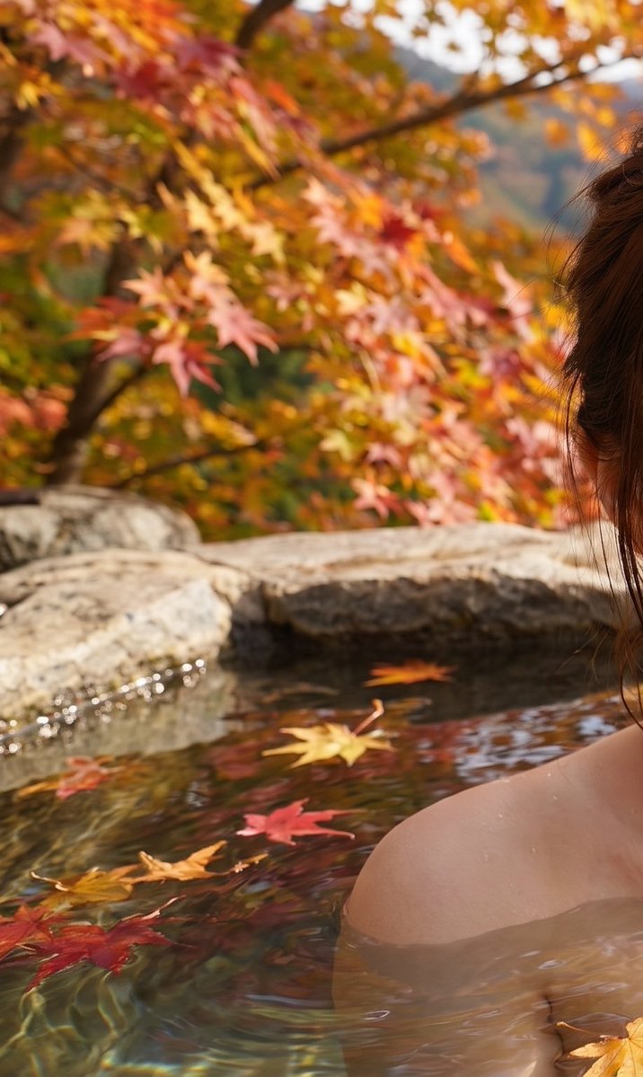 Social Media Post - Japanese Woman in Onsen with Autumn Maple View - Image 1