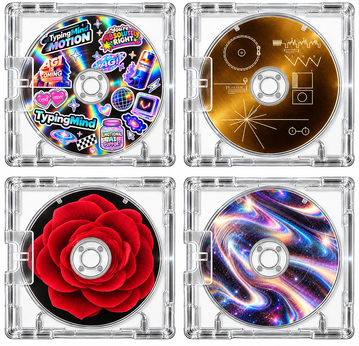 Четыре CD в коробках: стикеры, золото, роза, галактика