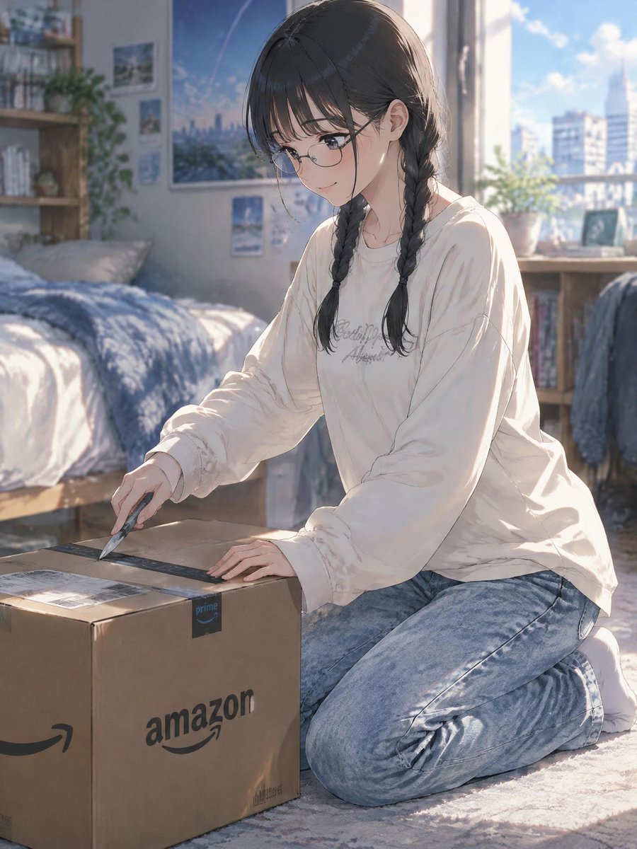 Аниме-девушка распаковывает посылку Amazon