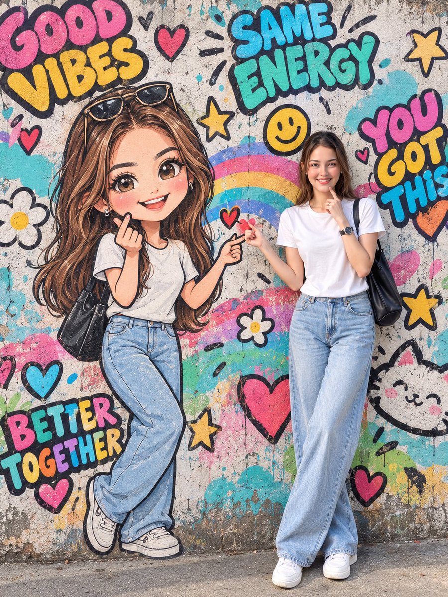 Social Media Post - Real Woman with Giant Chibi Graffiti Mural - Image 1