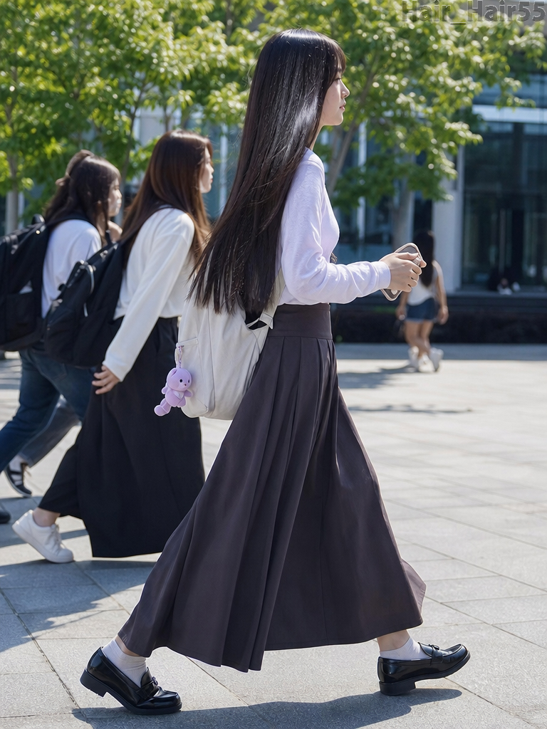 Social Media Post - Walking Student in Brown Pleated Skirt - Image 1