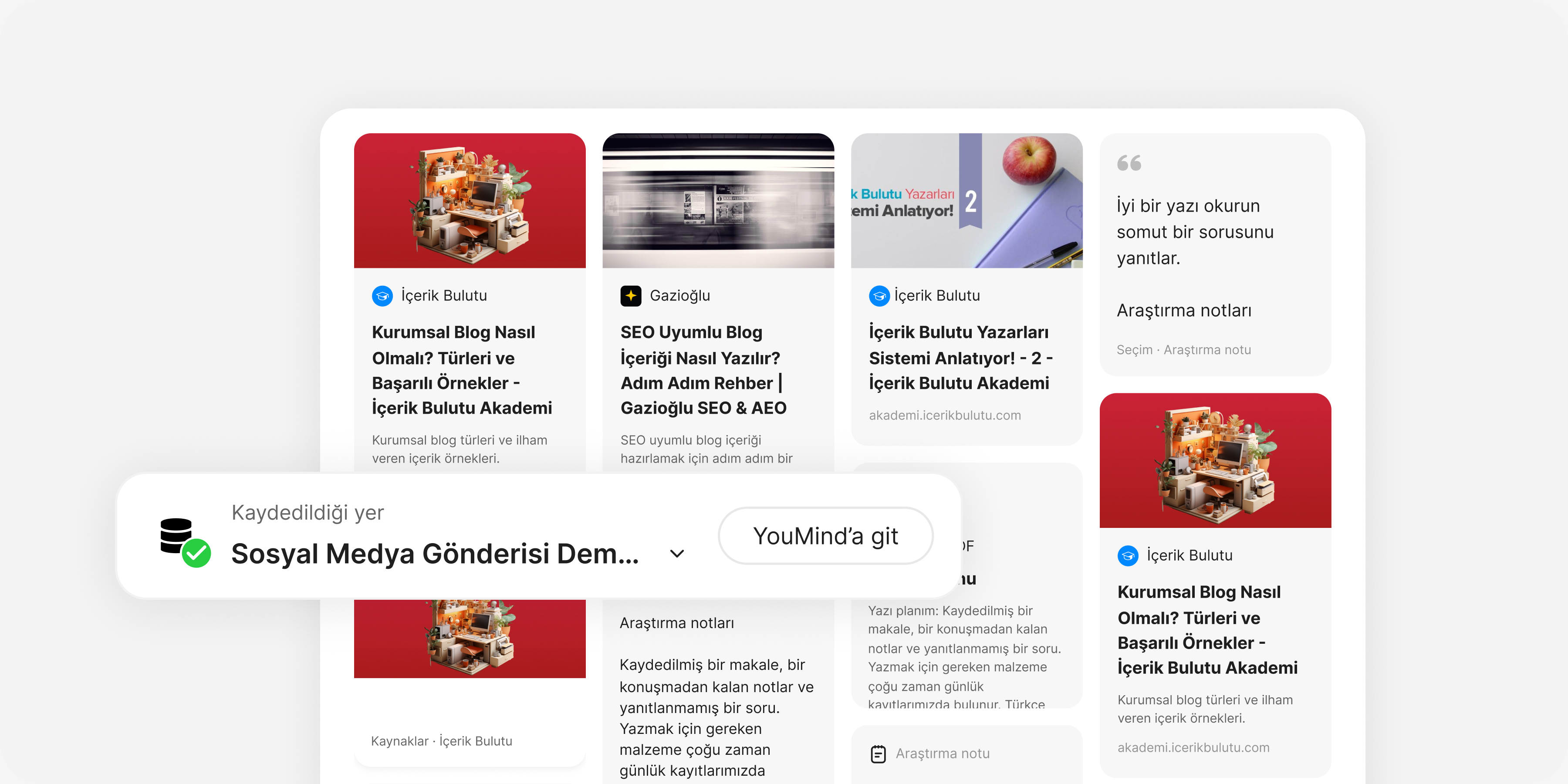 Toplayın: Web sayfaları, videolar, PDF'ler, notlar, seçili alıntılar veya bütün bir pano ekleyin.