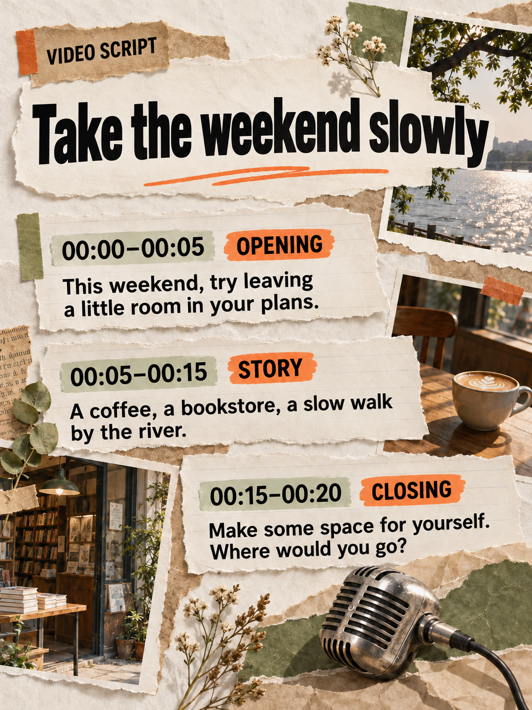 A weekend video script: opening, main section, and closing with timings