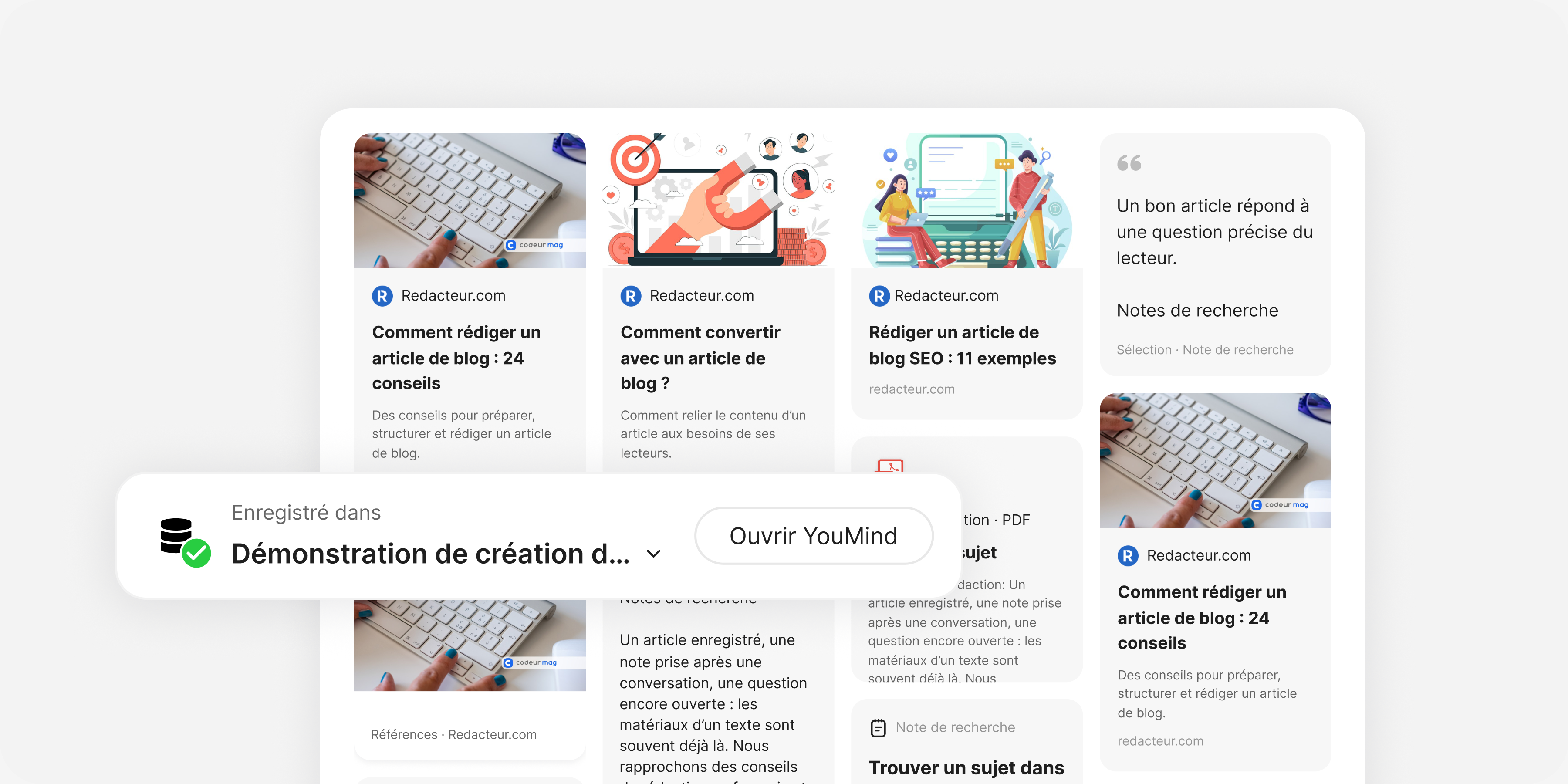 Rassembler: Ajoutez des pages web, des vidéos, des PDF, des notes, des extraits ou un tableau entier.