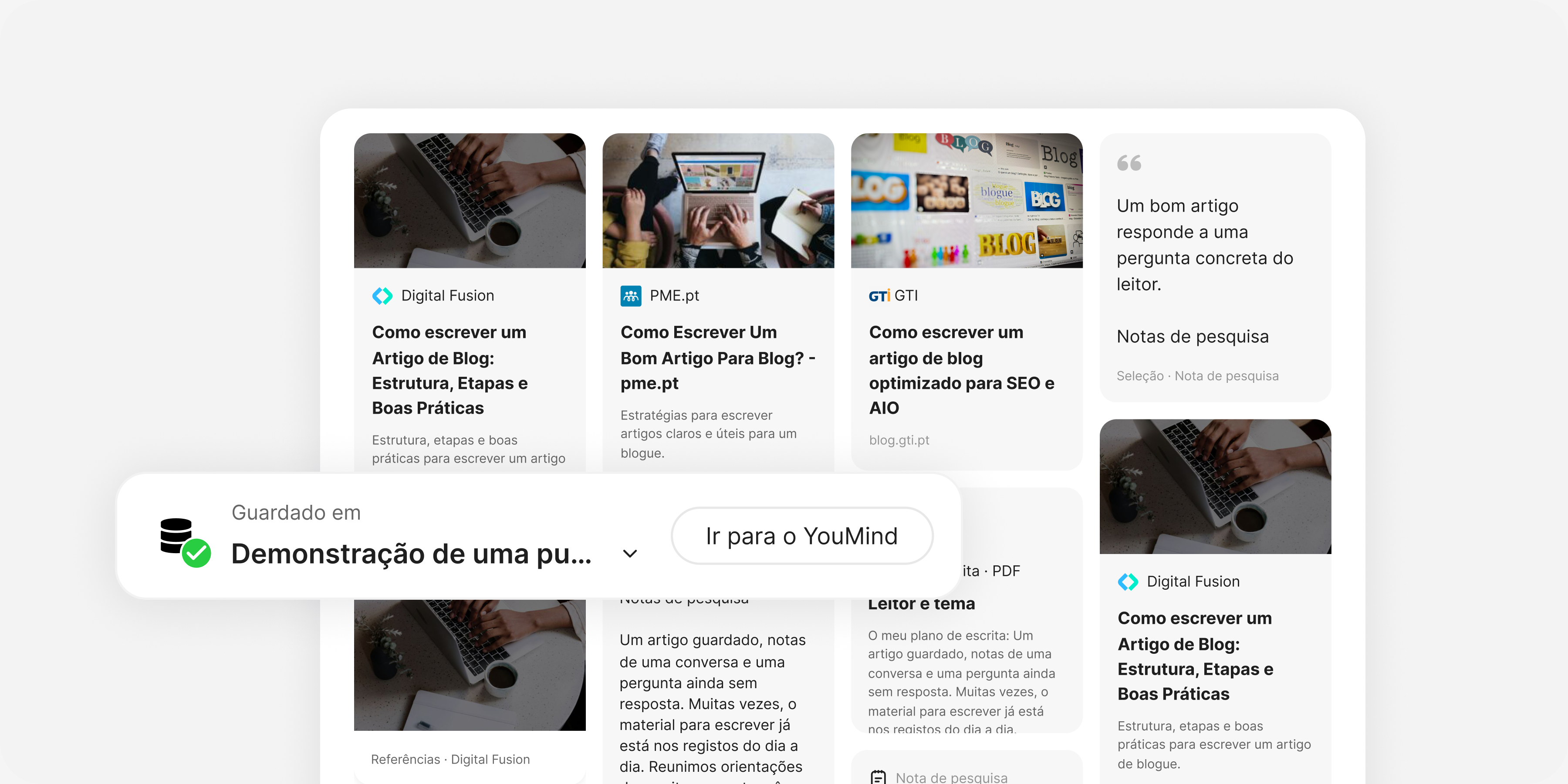Recolher: Adicione páginas web, vídeos, PDF, notas, excertos ou um quadro inteiro.