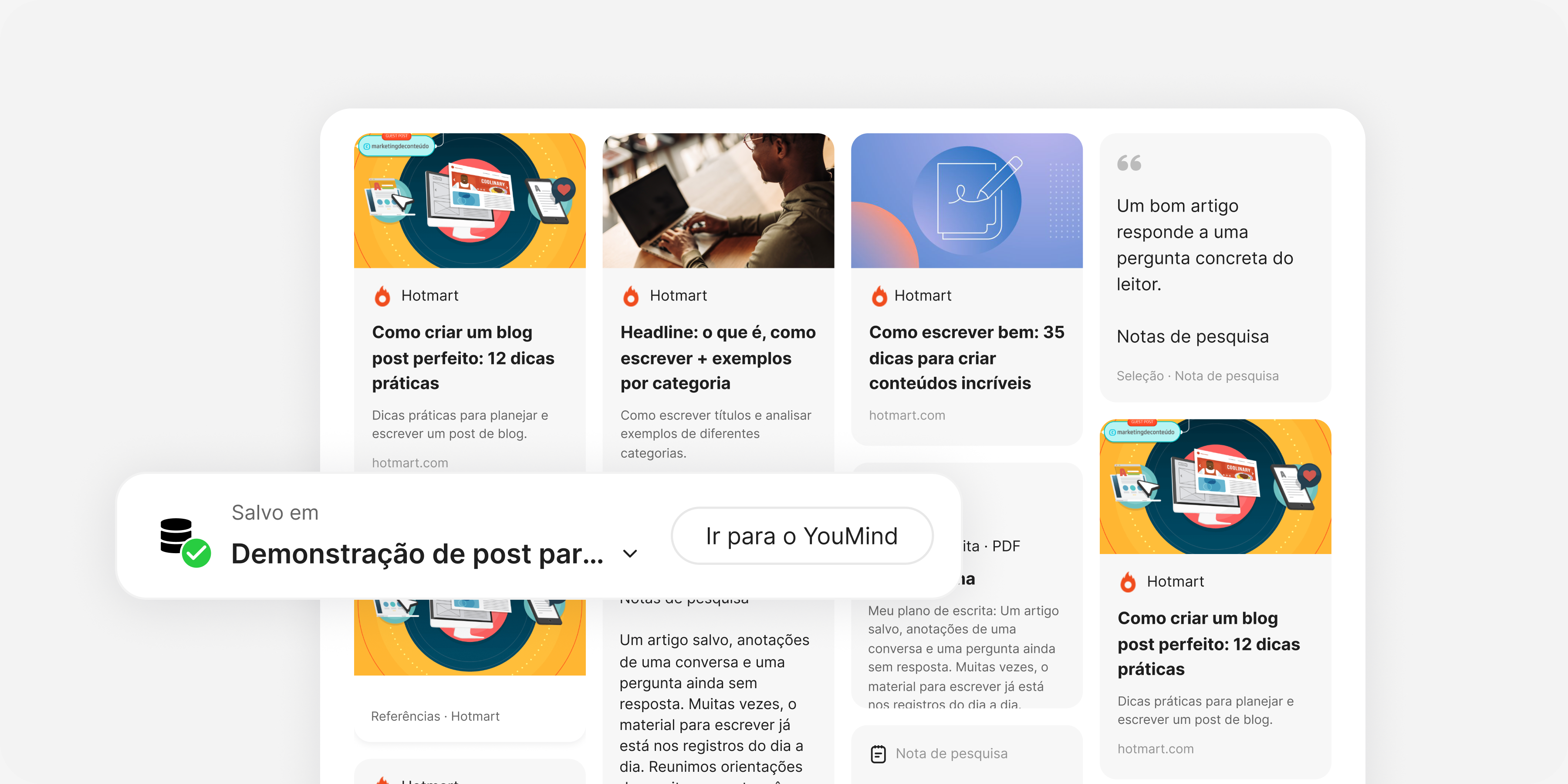Reúna: Adicione páginas da web, vídeos, PDFs, notas, trechos salvos ou um quadro inteiro.